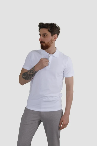 Erkek Polo Yaka Düz Pamuklu Slim Fit Tişört 3225Y-BEYAZ ürün görseli