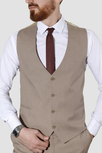 Erkek Tek Düğme Düz Yelekli Slim Fit Takım Elbise 2813-BEJ - 3