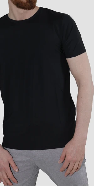 Erkek Bisiklet Yaka Basic Düz Pamuklu Slim Fit Tişört-SİYAH - 2