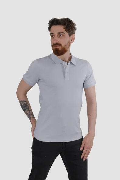 Erkek Polo Yaka Düz Pamuklu Slim Fit Tişört 3225Y-TAŞ - 2