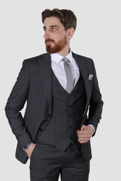 Erkek Çizgili Yelekli Slim Fit Takım Elbise CML158-FÜME - 2