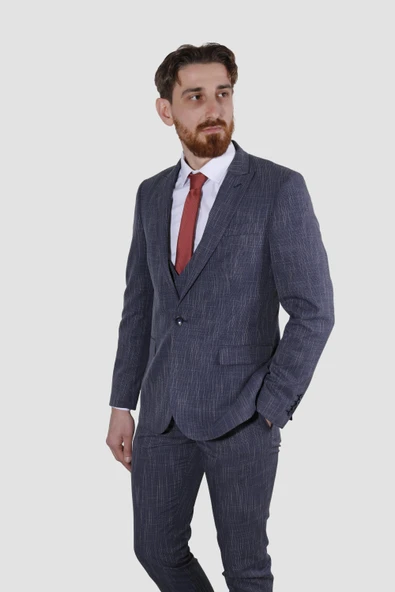 Erkek Tek Düğme Çizgili Desenli Yelekli Slim Fit Takım Elbise 6504-LACİVERT