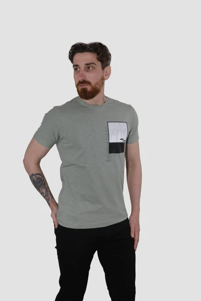 Erkek Bisiklet Yaka Baskılı Pamuklu Slim Fit Tişört 3148-YEŞİL - Resim 2