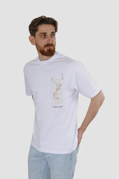 Erkek Bisiklet Yaka Geyik Baskılı Pamuklu Oversize Tişört-BEYAZ