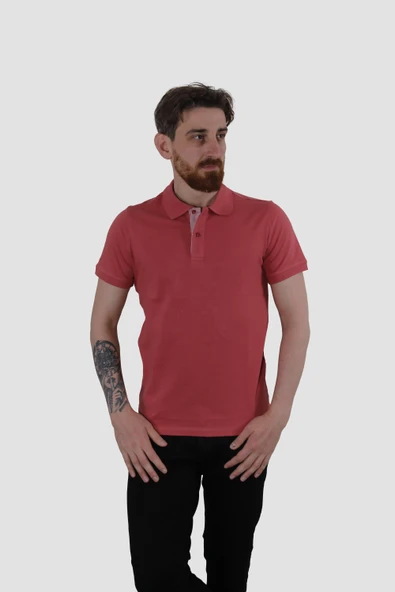 Erkek Polo Yaka Düz Pamuklu Slim Fit Tişört 3225Y-GÜL KURUSU