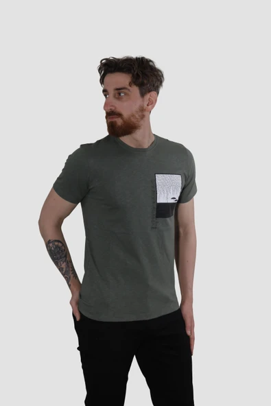 Erkek Bisiklet Yaka Baskılı Pamuklu Slim Fit Tişört 3148-KOYU YEŞİL