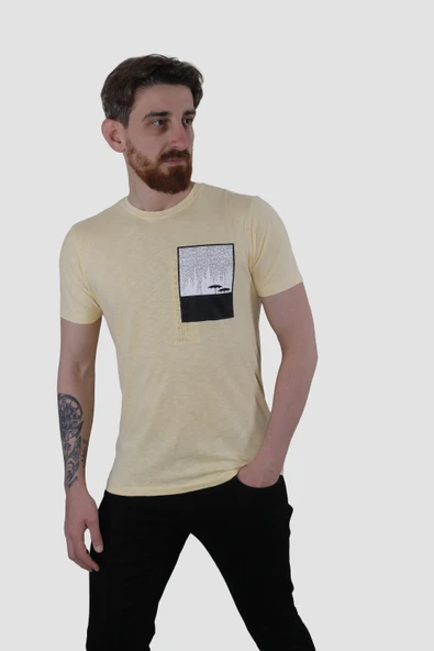 Erkek Bisiklet Yaka Baskılı Pamuklu Slim Fit Tişört 3148-SARI