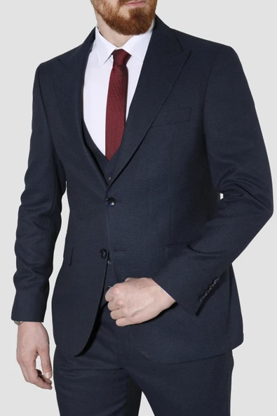 Erkek Desenli Yelekli Slim Fit Takım Elbise 6020-LACİVERT - Resim 3