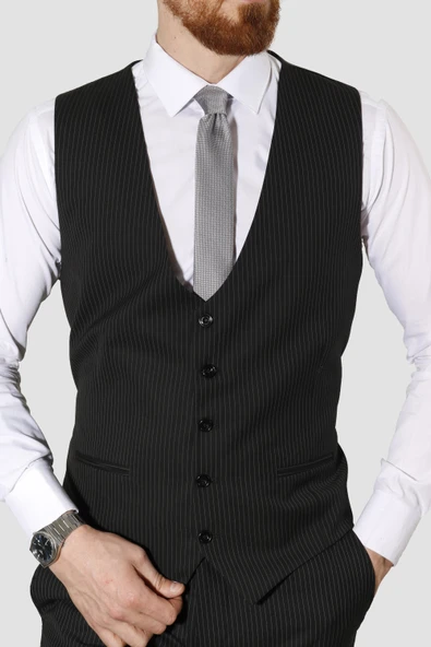 Erkek Çizgili Yelekli Slim Fit Takım Elbise MK37-SİYAH - 4