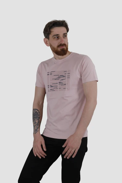 Erkek Bisiklet Yaka Basklı Pamuklu Slim Fit Tişört 3170-AÇIK GÜL - Resim 2