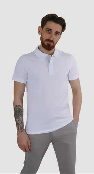 Erkek Polo Yaka Düz Pamuklu Slim Fit Tişört 3225Y-BEYAZ - Resim 2