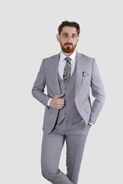 Erkek Tek Düğme Düz Yelekli Slim Fit Takım Elbise 2813-AÇIKGRİ - 2