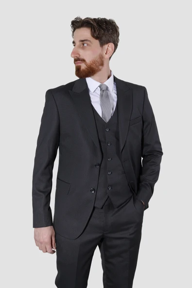 Erkek Desenli Yelekli Slim Fit Takım Elbise 6000Y-14GRİ - 2