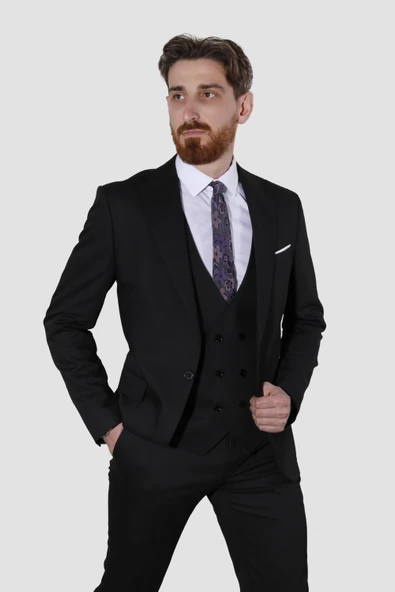 Erkek Tek Düğme Yelekli Slim Fit Takım Elbise 6008E-SİYAH