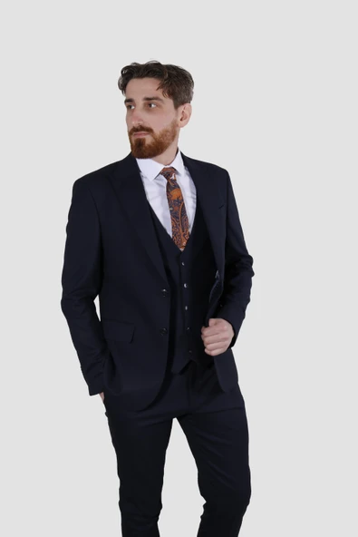Erkek Armürlü Yelekli Slim Fit Takım Elbise 6023AR-LACİVERT - 2