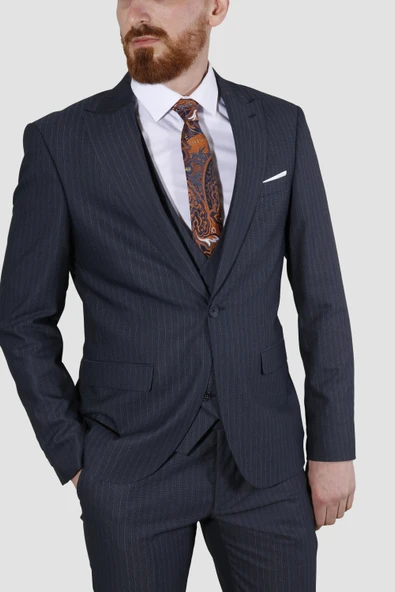 Erkek Tek Düğme Çizgili Yelekli Slim Fit Takım Elbise 6561-LACİVERT - 2