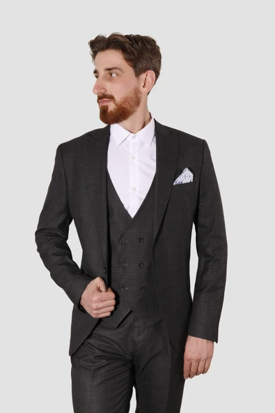 Erkek Tek Düğme Desenli Yelekli Slim Fit Takım Elbise 7007-SİYAH - 2