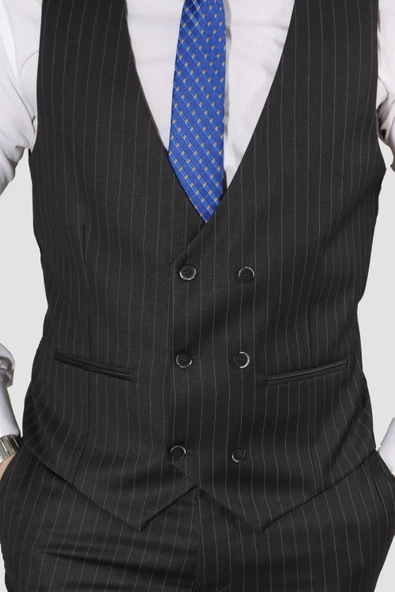 Erkek Çizgili Yelekli Slim Fit Takım Elbise 6566-ANTRASİT - 4