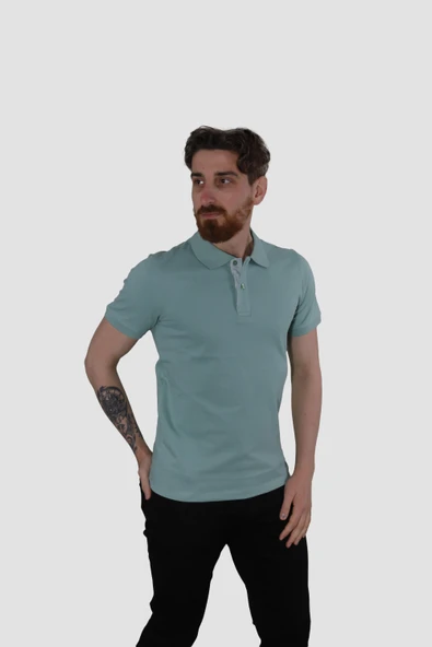 Erkek Polo Yaka Düz Pamuklu Slim Fit Tişört 3225Y-AÇIK YEŞİL