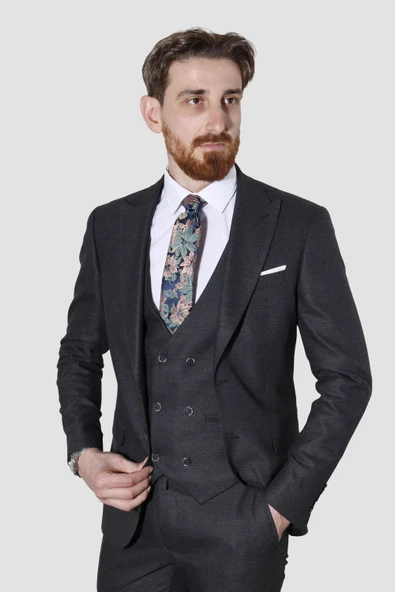 Erkek Desenli Yelekli Slim Fit Takım Elbise 6566-SİYAH - 2