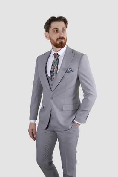 Erkek Tek Düğme Düz Yelekli Slim Fit Takım Elbise 2813-AÇIKGRİ - 3