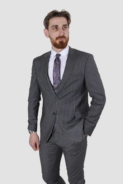 Erkek Çizgili Yelekli Slim Fit Takım Elbise CML158-GRİ - 2