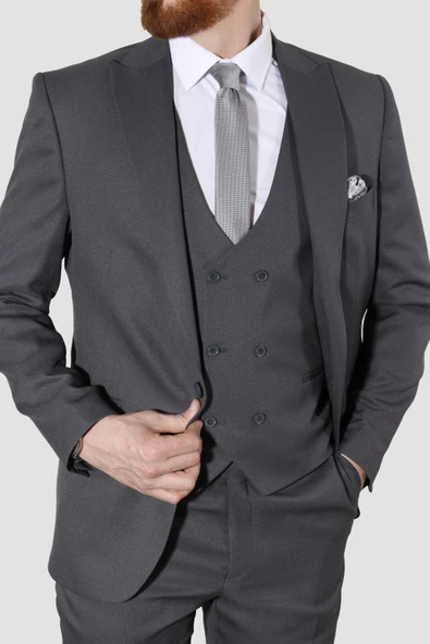 Erkek Armürlü Yelekli Slim Fit Takım Elbise 2810-ANTRASİT - 3