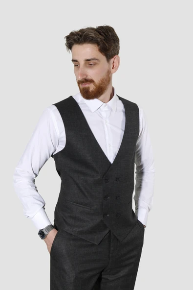 Erkek Tek Düğme Desenli Yelekli Slim Fit Takım Elbise 7007-SİYAH - 3