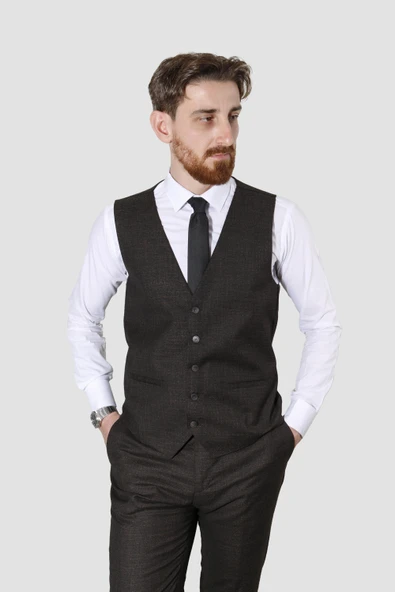 Erkek Desenli Yelekli Slim Fit Takım Elbise 2865-KAHVE - 3