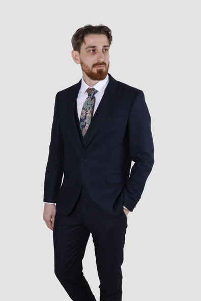 Erkek Tek Düğme Armürlü Yelekli Slim Fit Takım Elbise 7040M-LACİVERT