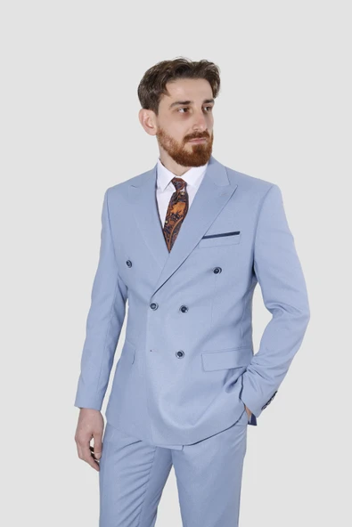 Erkek Kruvaze Slim Fit Takım Elbise 3023-MAVİ