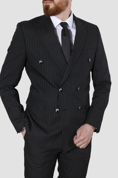 Erkek Çizgili Kruvaze Slim Fit Takım Elbise ARMADA09-SİYAH - 3
