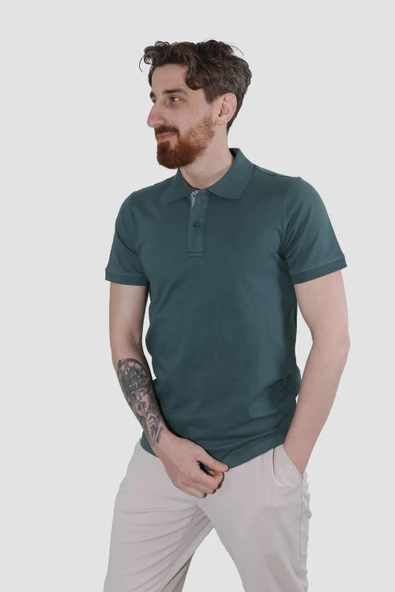 Erkek Polo Yaka Düz Pamuklu Slim Fit Tişört 3225Y-KOYU YEŞİL - 2