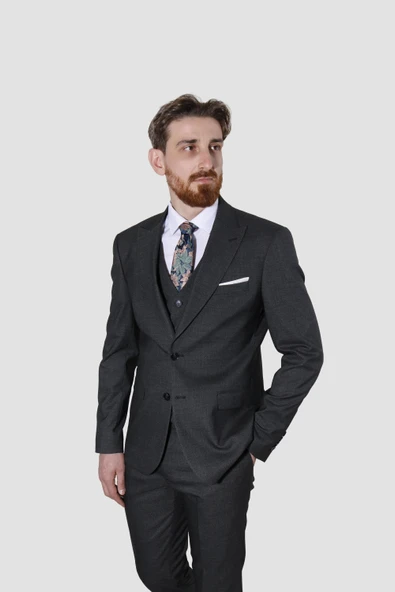 Erkek Desenli Yelekli Slim Fit Takım Elbise 6570-ANTRASİT - 2