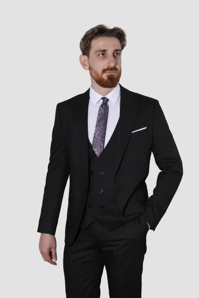 Erkek Tek Düğme Yelekli Slim Fit Takım Elbise 6008E-SİYAH - 2