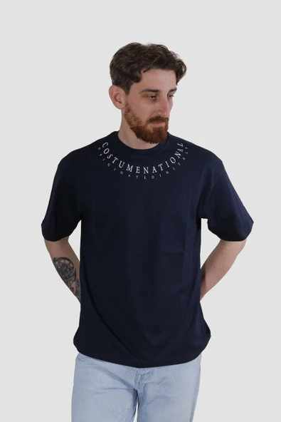 Erkek Bisiklet Yaka Yazı Baskılı Pamuklu Oversize Tişört 3125-LACİVERT - 2