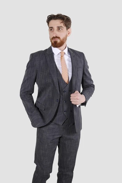 Erkek Tek Düğme Çizgili Slim Fit Takım Elbise 6506-LACİVERT