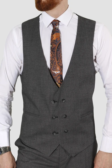 Erkek Tek Düğme Desenli Yelekli Slim Fit Takım Elbise 7485-GRİ - 4