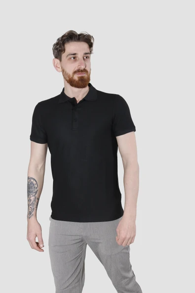 GLOBAY 3229Y HSK WF POLO YAKA T-SHIRT-SİYAH