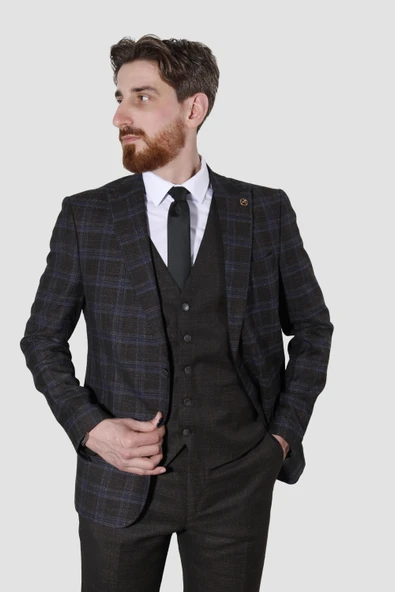 Erkek Desenli Yelekli Slim Fit Takım Elbise 2865-KAHVE - 2