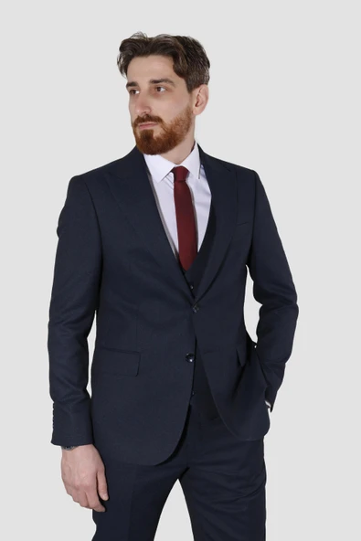 Erkek Desenli Yelekli Slim Fit Takım Elbise 6020-LACİVERT - Resim 2