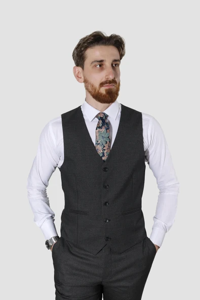 Erkek Desenli Yelekli Slim Fit Takım Elbise 6570-ANTRASİT - 3