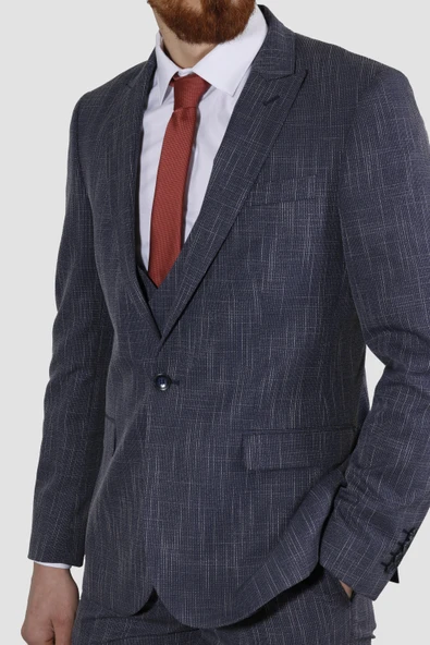 Erkek Tek Düğme Çizgili Desenli Yelekli Slim Fit Takım Elbise 6504-LACİVERT - 2