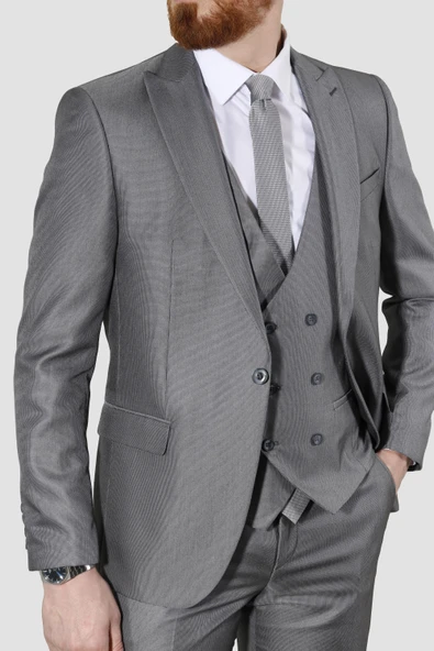 Erkek Tek Düğme Armürlü Yelekli Slim Fit Takım Elbise-GRİ - 3