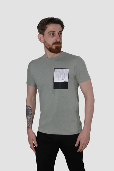 Erkek Bisiklet Yaka Baskılı Pamuklu Slim Fit Tişört 3148-YEŞİL