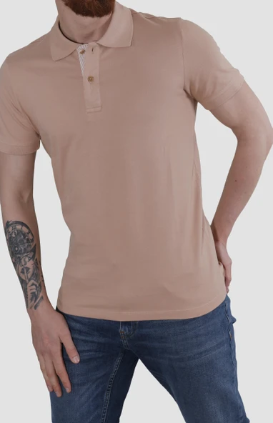 Erkek Polo Yaka Düz Pamuklu Slim Fit Tişört 3225Y-PUDRA - 2