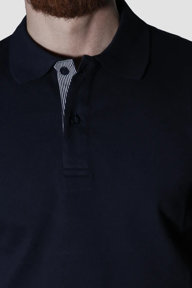 Erkek Polo Yaka Düz Pamuklu Slim Fit Tişört 3225Y-LACİVERT - Resim 3