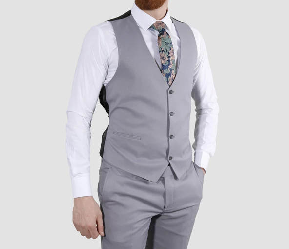 Erkek Armürlü Yelekli Slim Fit Takım Elbise 2810-GRİ - 3