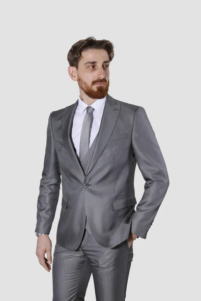 Erkek Tek Düğme Armürlü Yelekli Slim Fit Takım Elbise-GRİ - 2