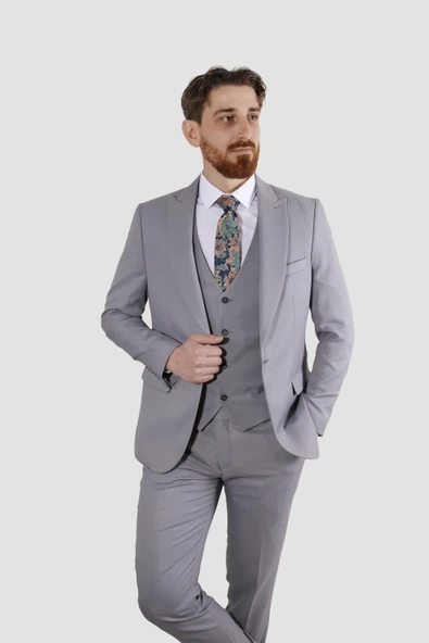 Erkek Armürlü Yelekli Slim Fit Takım Elbise 2810-GRİ